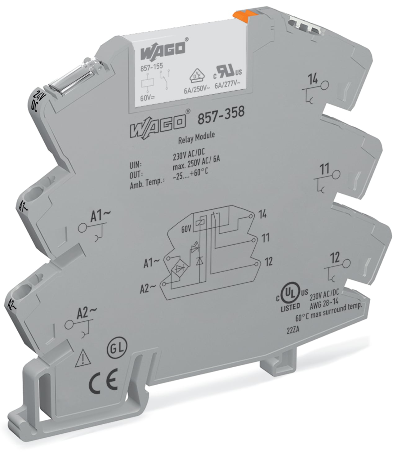 Relay module; Nominal input voltage: 230 V AC/DC; 1 changeover contact; Limiting continuous current: 6 A; Yellow status indicator; Module width: 6 mm; 2,50 mm; gray