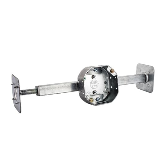 Octagon Ceiling Fan Box, 15.8 Cubic Inches, 4 Inch Diameter x 1-1/2 Inches Deep, 1/2 Inch Knockouts, Pre-Galvanized Steel, Drawn Construction, with Non-Metallic Cable Clamps (C-5) and Old Work Bar Hanger with 16 Inch to 24 Inch Length, For use with Non-Metallic Sheathed Cable