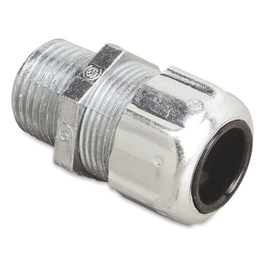 Liquidtight Strain Relief Connector, 3/4 Inch, Straight, Cord Range 0.125 to 0.375 Inch, Throat Diamter 13/16 Inch, Steel Body, Glandnut, and Grip, Rubber Bushing