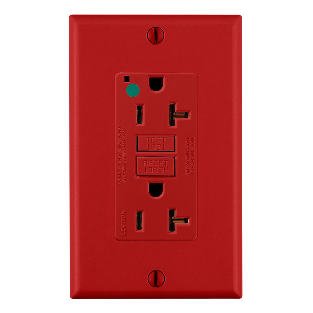 20 Amp, 125 Volt, SmartlockPro Slim Self-Test GFCI Receptacle, NAFTA Compliant Fed Spec, Hospital Grade, NEMA 5-20R, 20A Feed-Through, 2P, 3W, Matching Wallplate Included - RED