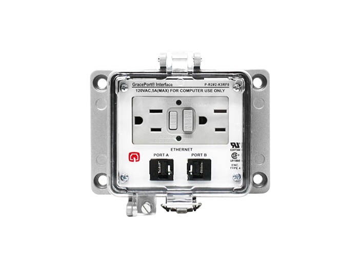 PANEL INTERFACE CONNECTOR WITH QTY 2 RJ45, PANEL MOUNT HOUSING, UL TYPE 4, GFCI DUPLEX INSIDE-OUTLET, 3 AMP CB