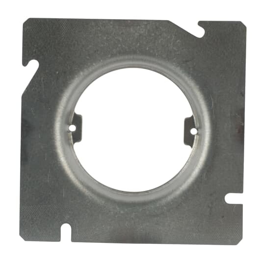 Square Box Ring, 7.3 Cubic Inches, 4-11/16 Inch Square x 1-1/4 Inch Raised, Galvanized Steel, Open Plaster Ring with Ears, Ears Tapped 8/32 - 2-23/32 Inches on Centers, Special Screw Lock Feature in Slots
