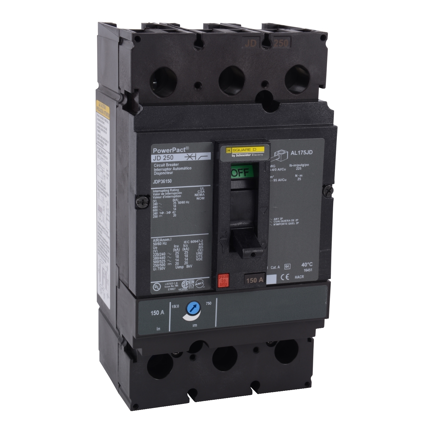 Circuit breaker, PowerPacT J, 250A, 3 pole, 600VAC, 14kA, lugs, thermal magnetic, 80%