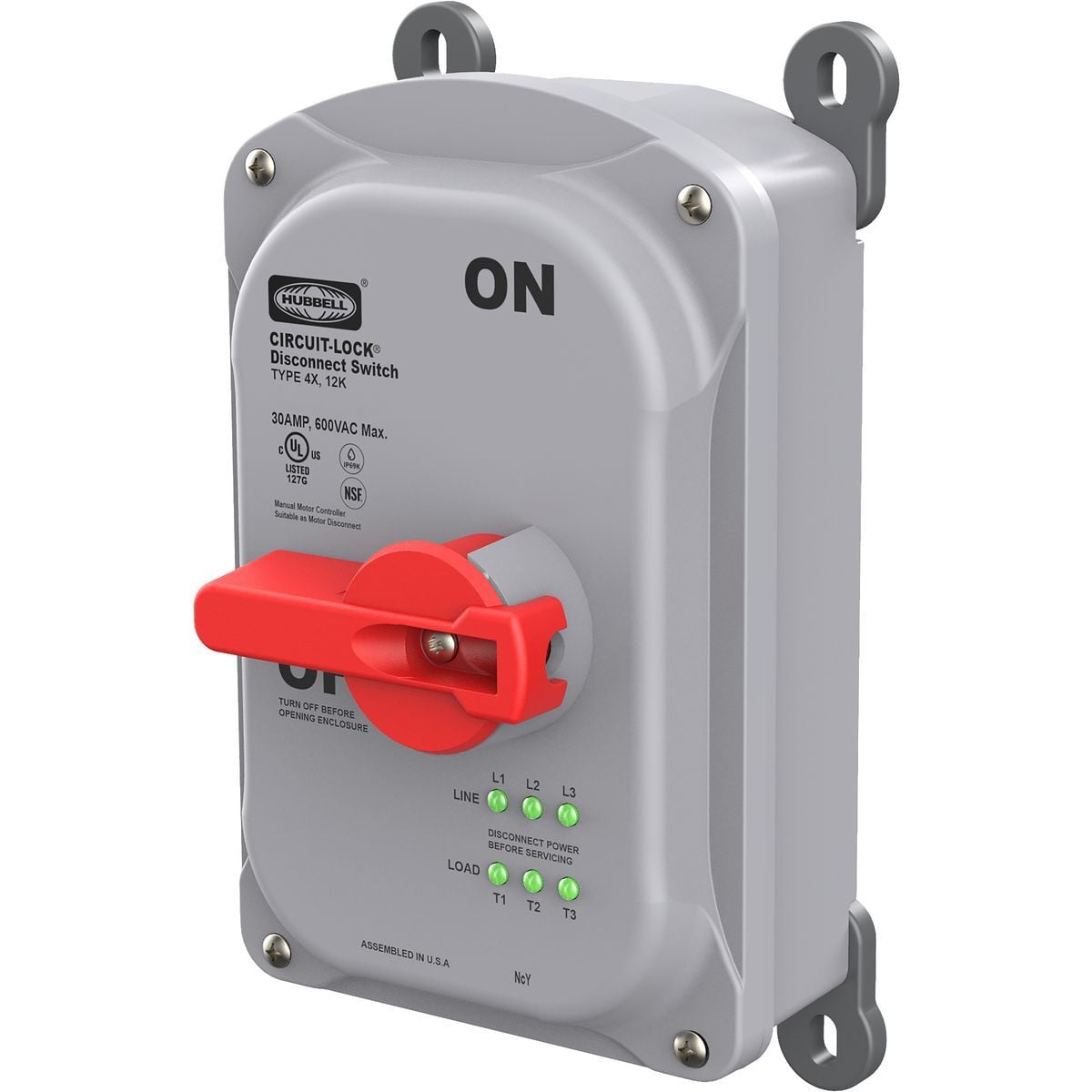 Industrial Grade, Motor Disconnect, Unfused, 3 Pole, 30A 600V AC, Screw Terminals, IP69k, NEMA Type 4X,12 Non-Metallic Sloped Top Enclosure, inTOUCH Installation Free LED Phase Indication, cULus, NSF, CE, UL 508 / UL 60947-4-1A