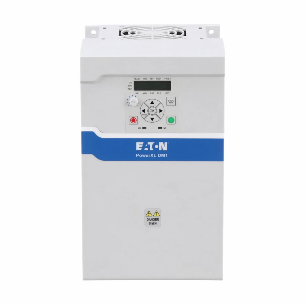 Eaton PowerXL DM1 micro variable frequency drive, Three-phase, 230 V, 32 A, Internal EMC filter, Internal brake chopper, Multi segment LCD display, IP20, ST0 SIL2 and ethernet I/P, Modbus TCP onboard