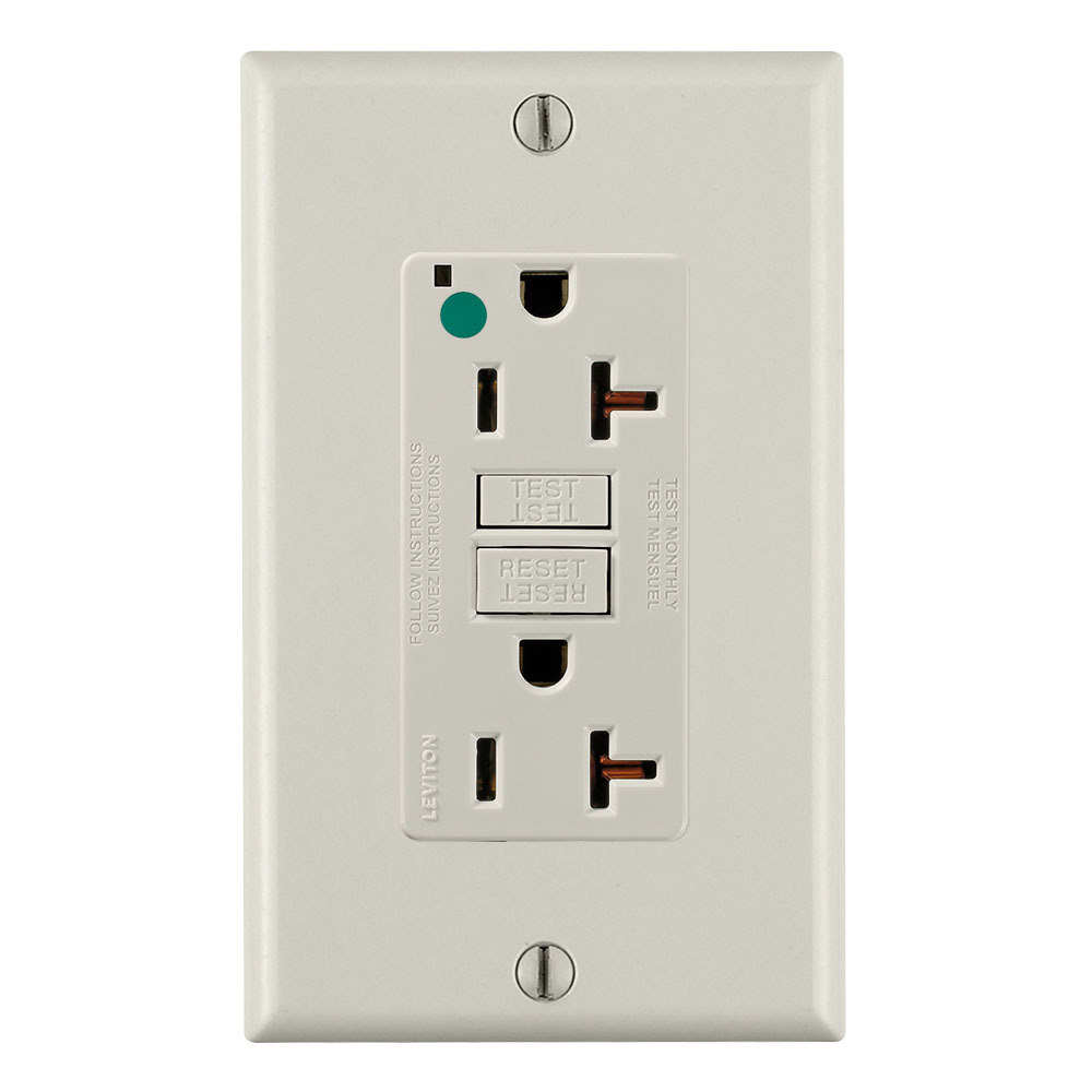 20 Amp, 125 Volt, SmartlockPro Slim Self-Test GFCI Receptacle, NAFTA Compliant Fed Spec, Hospital Grade, NEMA 5-20R, 20A Feed-Through, 2P, 3W, Matching Wallplate Included - LIGHT ALMON