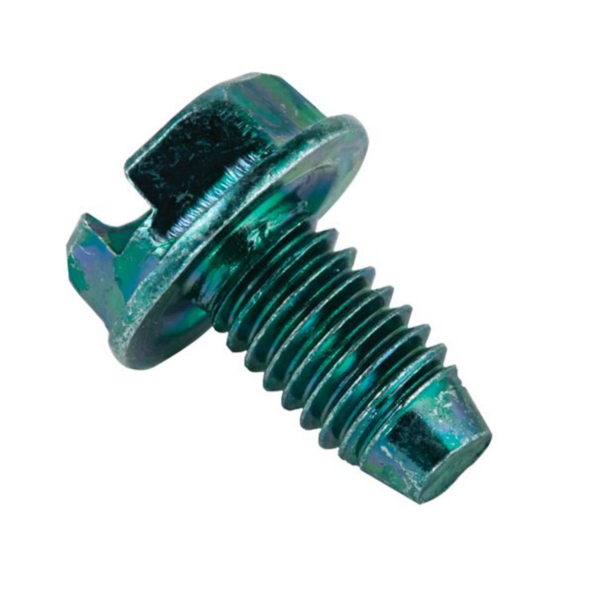 Ground Screws and Clips, Slotted head green dye finish 3/8 In.groundscrew for 10-32 tapped hole, clam shell package (100 pc. per clamshell)