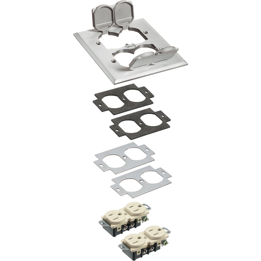 Metal Covers with flip lids. 2 Gang with gasket and tamper resistant receptacles. Nickel.