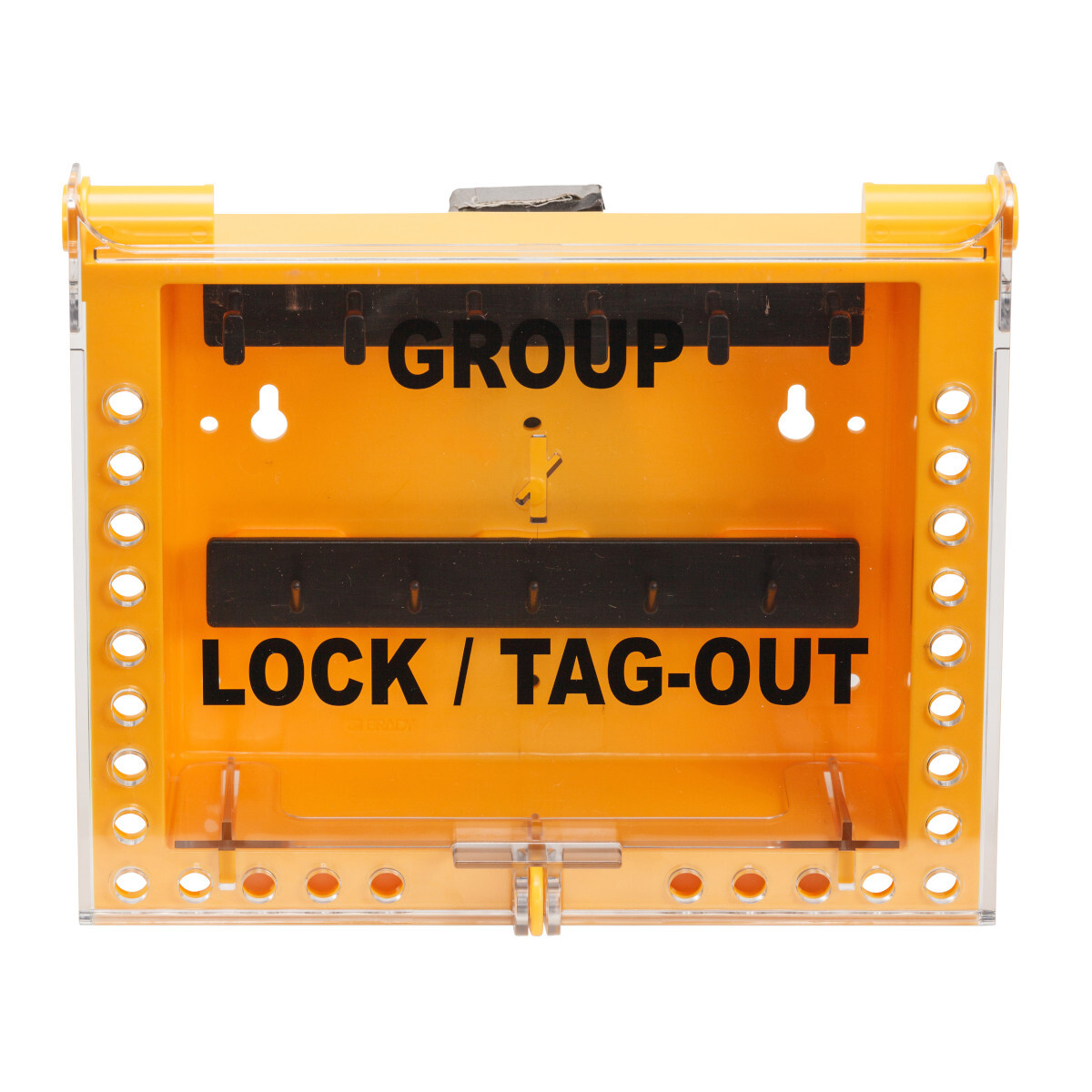 GLB26 English Portable Group Lockout Box, 27 Padlocks, Yellow, 11 in H x 12-1/2 in W x 4 in D, Wall Mount