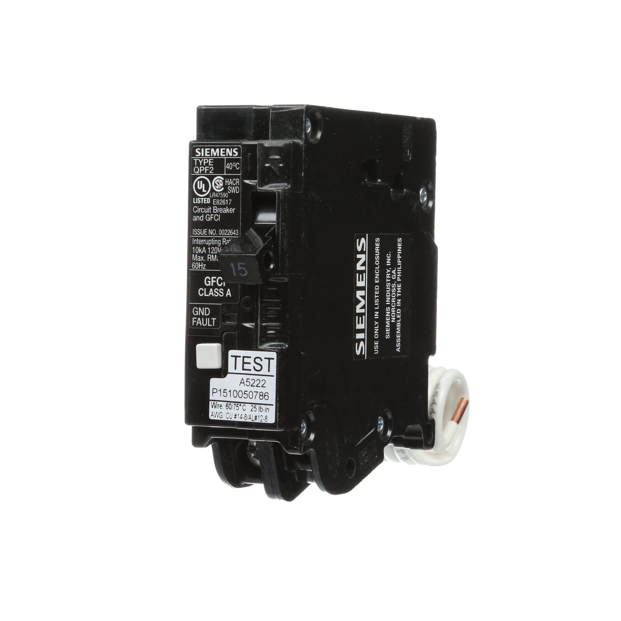 BREAKER 15A 1P 120V 10K QPF2 GFCI 5MA