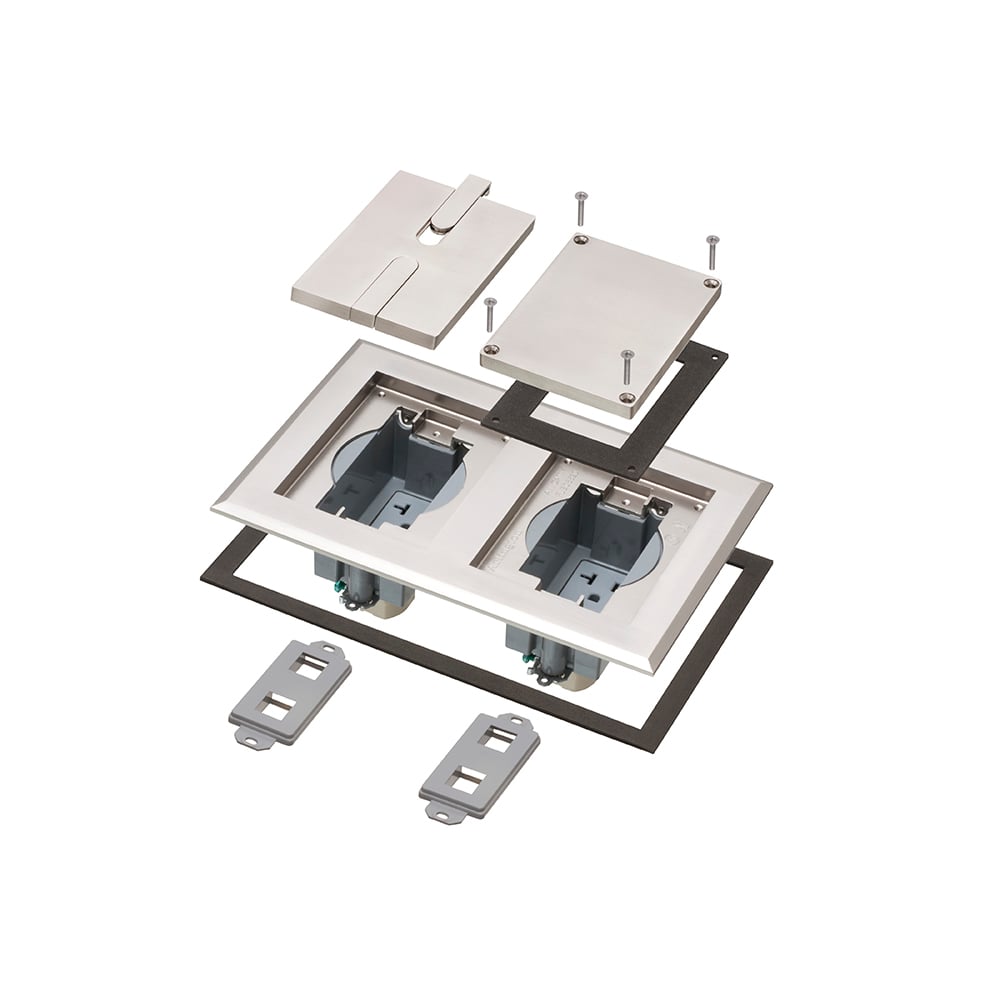 Plated Nickel, two gang frame, blank and slotted covers. Includes two gang recessed frame with gasket and (2) installed 20A receptacles, colored insert, (2) low voltage keystone inserts, (2) gasketed blank covers with mounting screws, (2) dual slotted in-use covers with removable tabs.