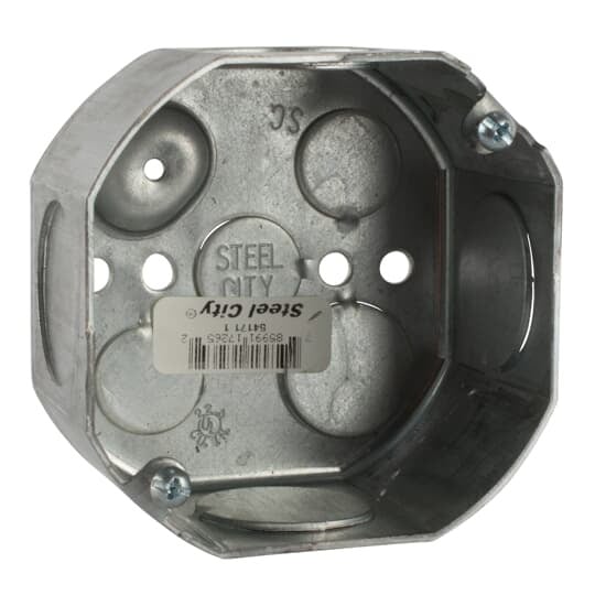 Octagon Box, 22.5 Cubic Inches, 4 Inch Diameter x 2-1/8 Inches Deep, 1 Inch Knockouts, Pre-Galvanized Steel, Drawn Construction, For use with Conduit