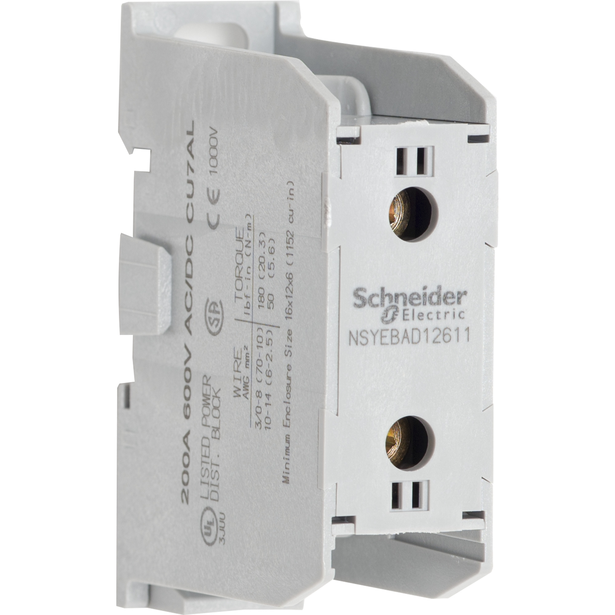 Power distribution block, Linergy, enclosed, 200A CU, 600 V, 1 line side lug, 1 load side lug, CU lug, rail mount