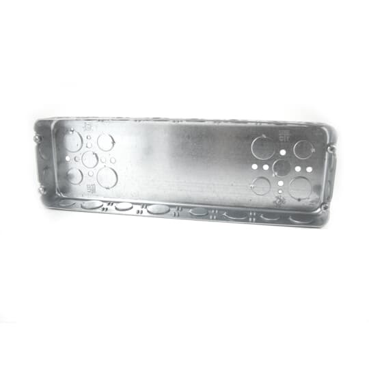 Six Gang Drawn Style Box, 95 Cubic Inches, 14-1/16 Inches Long x 4-1/2 Inches Wide x 1-5/8 Inches Deep, Drawn Construction with 1/2 Inch and 3/4 Inch Knockouts, For use with Conduit