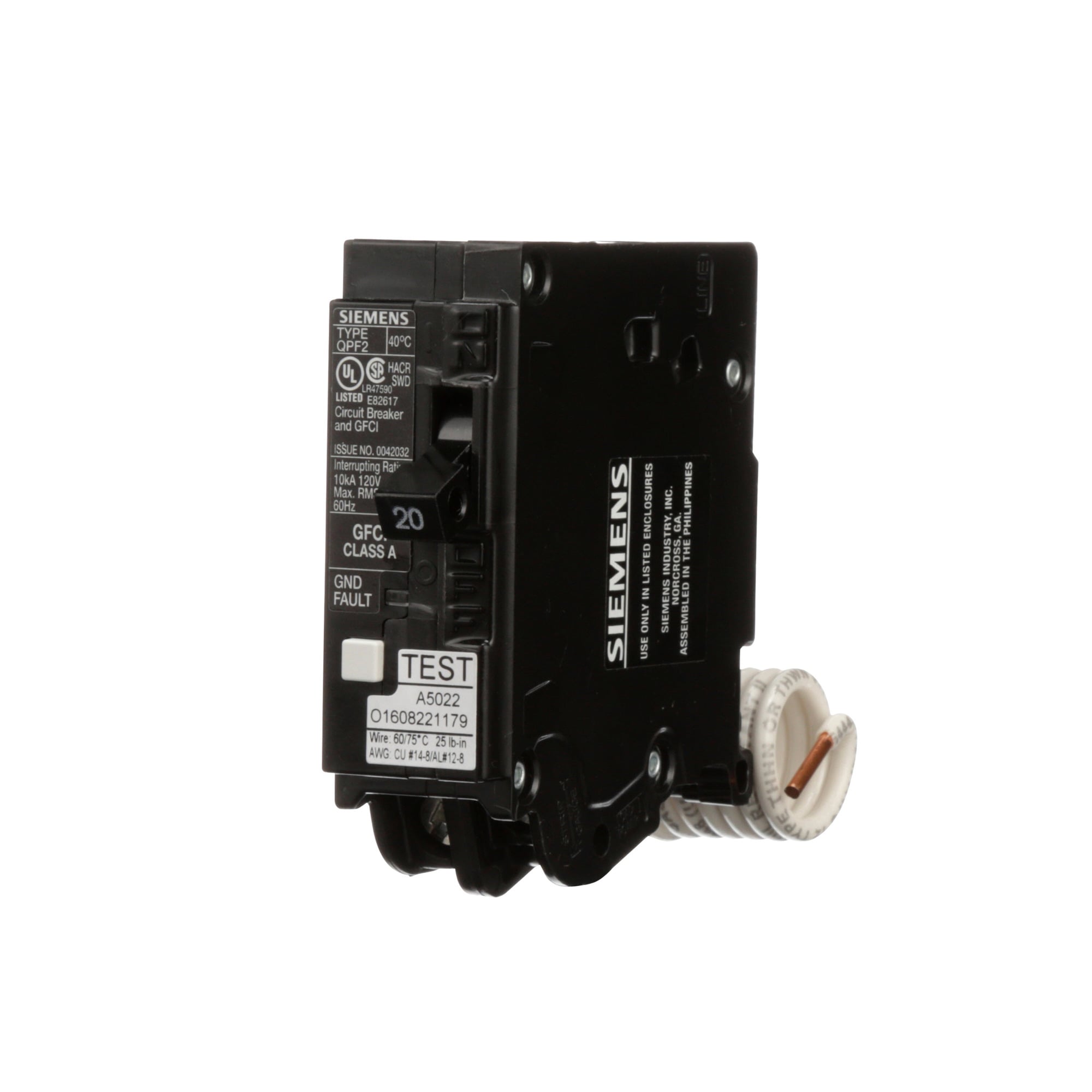 BREAKER 20A 1P 120V 10K QPF2 GFCI 5MA