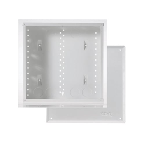 This 14" On-Q enclosure is the perfect solution for a basic structured wiring system. It features larger top openings that make pulling wire easier as well as additional knockouts, more side lances, and side tabs for more flexible mounting. It includes a