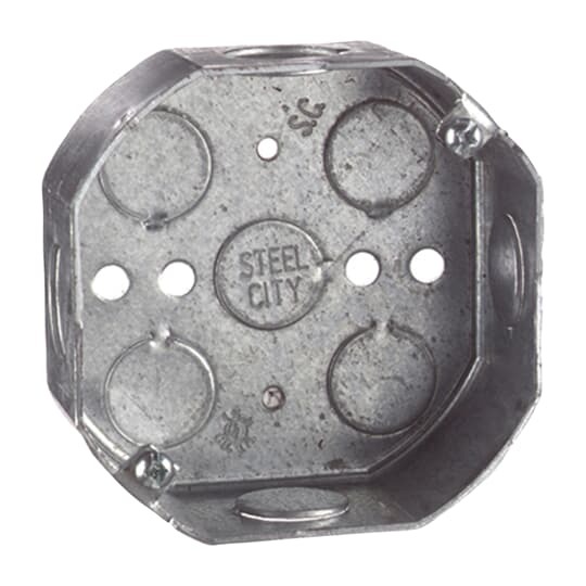 Octagon Box, 15.8 Cubic Inches, 4 Inch Diameter x 1-1/2 Inches Deep, 1/2 Inch and 3/4 Inch Knockouts, Pre-Galvanized Steel, Drawn Construction, For use with Conduit