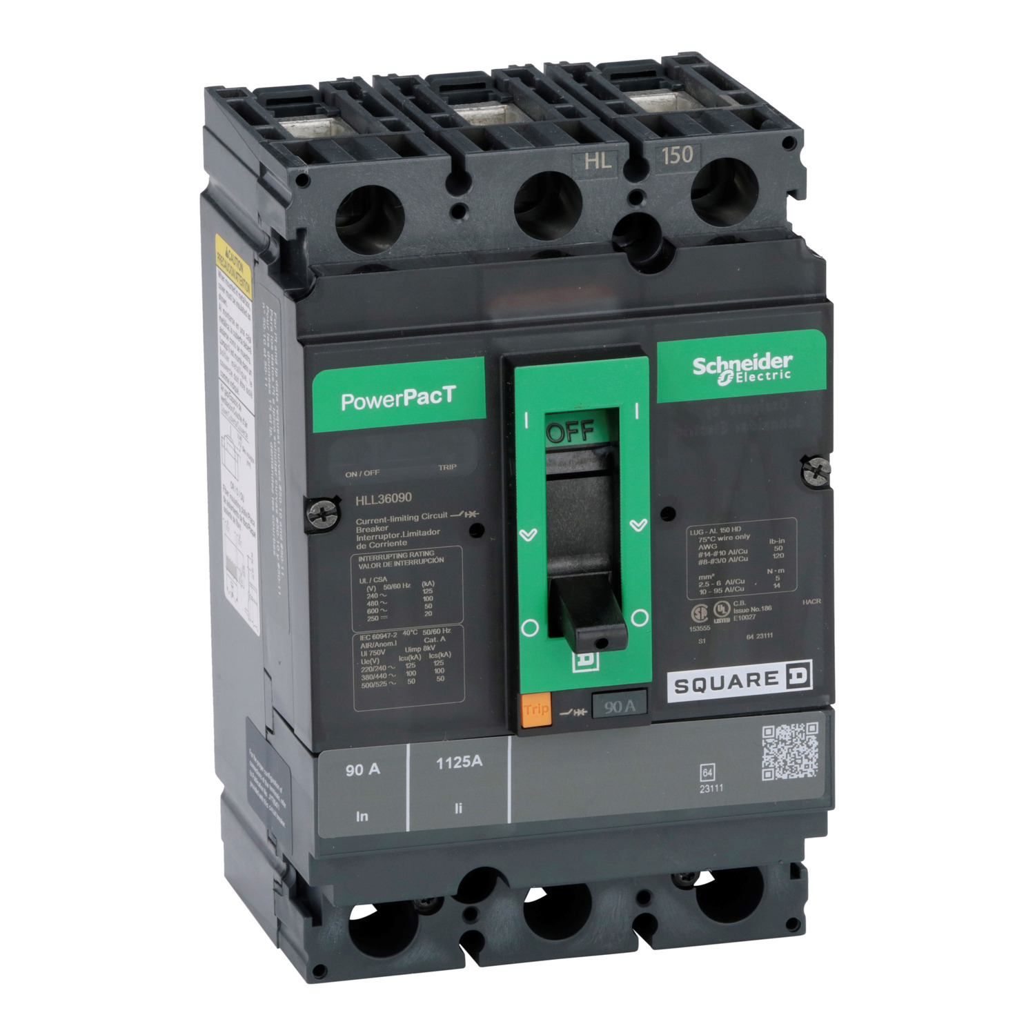 Circuit breaker, PowerPacT H, 90A, 3 pole, 600VAC, 50kA, lugs, thermal magnetic, 80%