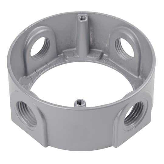 Round Extension Ring, 4-1/8 Inch Diameter, 1-5/8 Inch Deep, Hub Size 3/4 Inch, Gray, Aluminum, 4 Outlets, with 4 Closure Plugs, Gaskets, and Screws