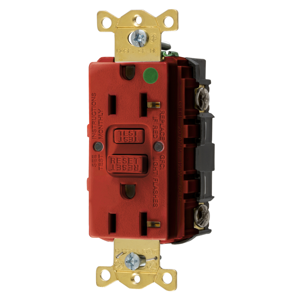 Straight Blade Devices, Receptacle, GFCI, Commercial Hospital Grade, Self Test, 20A 125V, 2-Pole 3-Wire Grounding, 5-20R, Red, US Product.