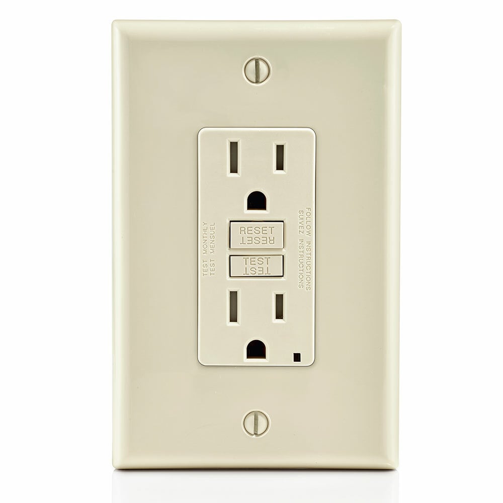 Self-test  Slim Tamper Resistant GFCI Receptacle, NEMA 5-15R 15A-125V @ Receptacle, 20A-125V Feed-through, Light Almond W/ Light Almond Test And Reset Buttons