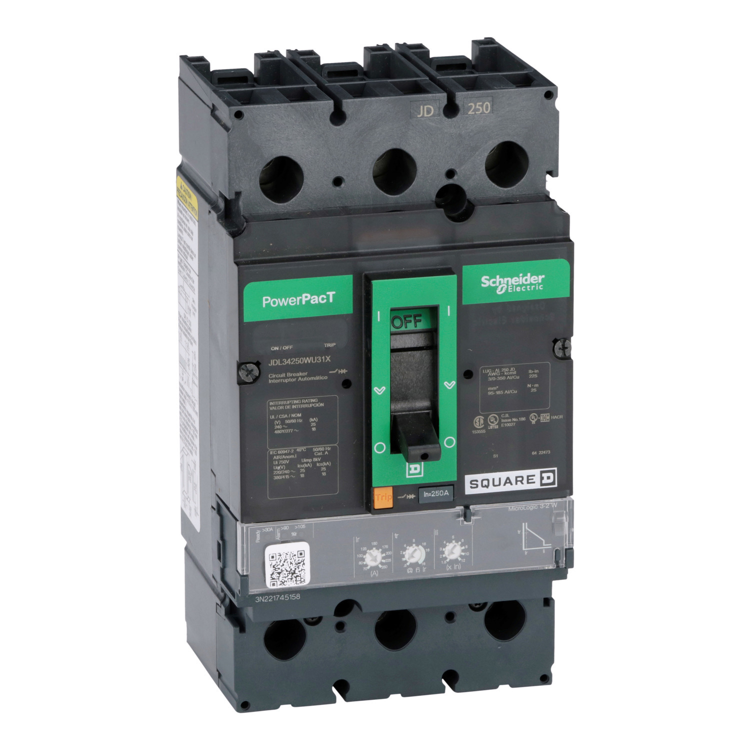 Circuit breaker, PowerPacT J, 250A, 3 pole, 480VAC, 18kA, lugs, Micrologic 3.2, 80%, mission critical