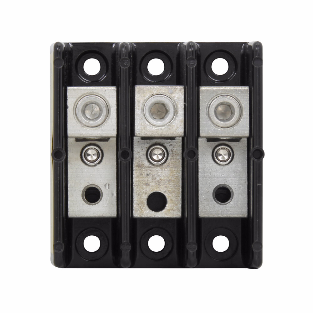 Eaton Bussmann series power terminal block, 600 Vac, 600 Vdc, 175A, Power terminal block, Three-pole, 1/4 In-20 TPI Tapped Hole (Load), SCCR: 200 kA, Black, Molded Thermoplastic Base, Tin-plated aluminum connector