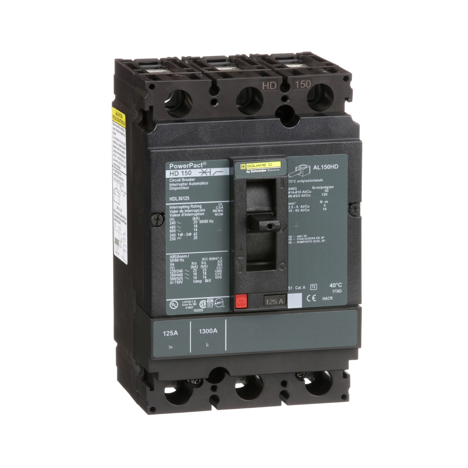 Circuit breaker, PowerPacT H, 125A, 3 pole, 600VAC, 14kA, lugs, thermal magnetic, 80%