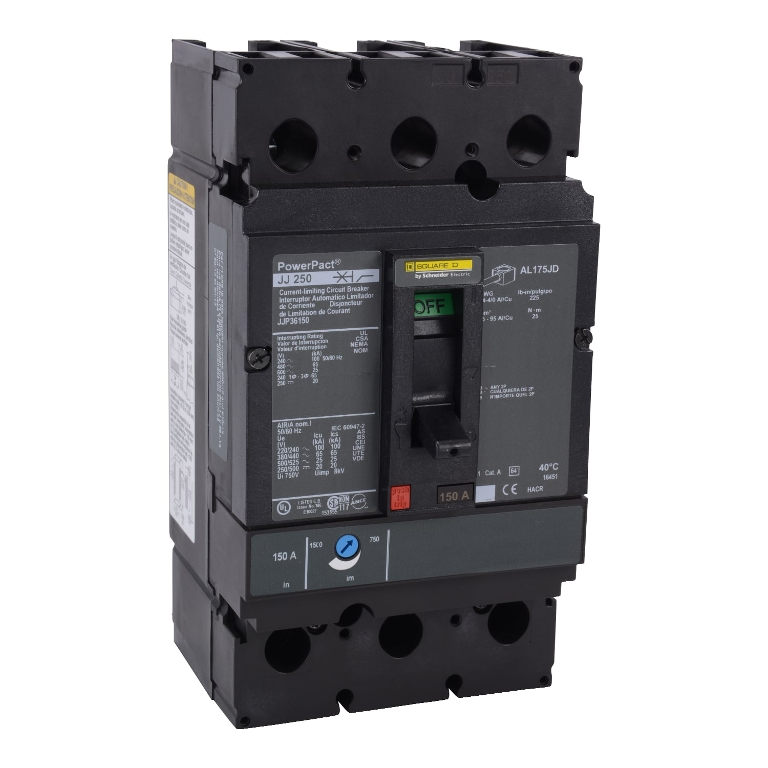 Circuit breaker, PowerPacT J, 250A, 3 pole, 600VAC, 25kA, lugs, thermal magnetic, 80%
