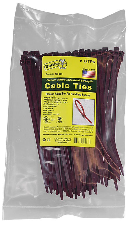 Air Handling Cable Ties, 0.18 in. width, 7.56 in. length, 0.052 in. thickness, 1.875 in. bundle diameter, Nylon material, Burgundy, 50 lb. tensile strength