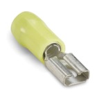 Nylon Insulated Female Disconnect, Length 1.04 Inches, Width .29 Inches, Maximum Insulation .215, Tab Size .250x.032, Wire Range #12-#10, Color Yellow, Copper, Tin Plated, On Mylar Tape, 500 Pack