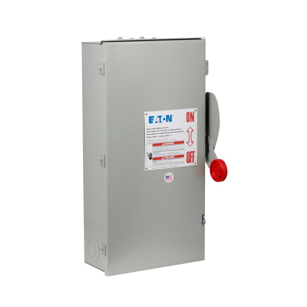 Eaton Heavy duty single-throw fused safety switch, Enhanced visible blade, 100 A, NEMA 3R, Painted galvanized steel, Two-pole, Two-wire, 240 V, Max Hp: 7.5, 15 hp/15, 30 hp/20 hp (1,3PH @ Std fuse/time delay/250 Vdc), #14-#1/0 Cu/Al
