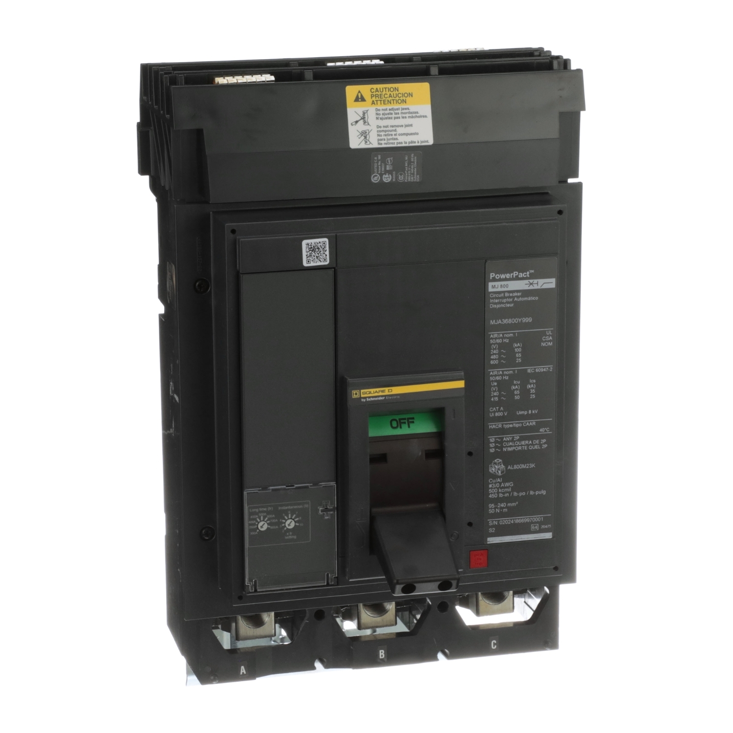 Circuit breaker, PowerPacT M, 300A to 800A, 3 pole, 600VAC, 25kA, I-Line, adjustable trip, 80%, ABC