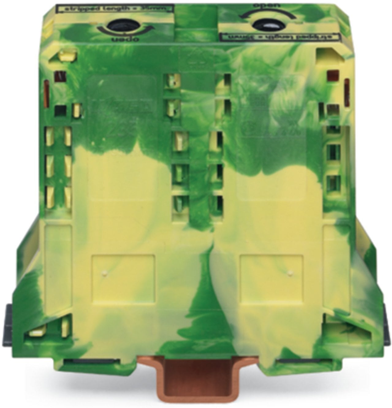 2-conductor ground terminal block; 95 mm; lateral marker slots; only for DIN 35 x 15 rail; 2.3 mm thick; copper; POWER CAGE CLAMP; 95,00 mm; green-yellow