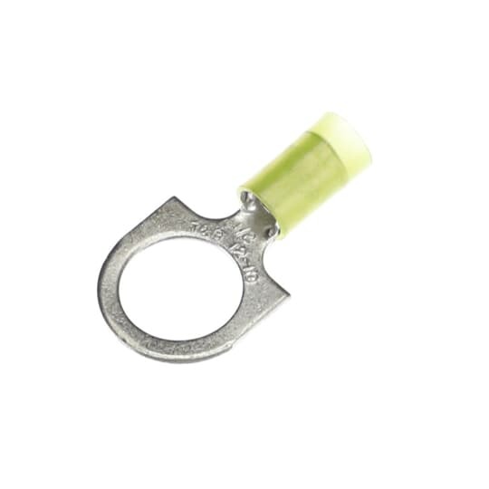 Nylon Insulated Ring Terminal, Length 1.37 Inches, Width .72 Inches, Maximum Insulation .210, Bolt Hole 1/2 Inch, Wire Range #12-#10 AWG, Color Yellow, Copper, Tin Plated