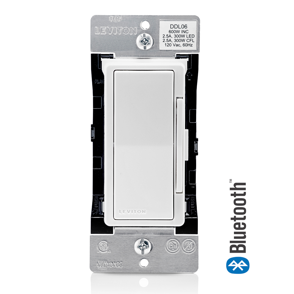 Decora Digital Dimmer and 24 hour Timer with Bluetooth Technology. Universal 300W Dimmable LED and CFL, 600W Incandescent, 120V, 60Hz, Single Pole and 3-Way/Multi-location control, LED locator and brightness display. White face assembled on device, Ivory and Light Almond faces included. Ground wire required for installation. Wallplate sold separately.