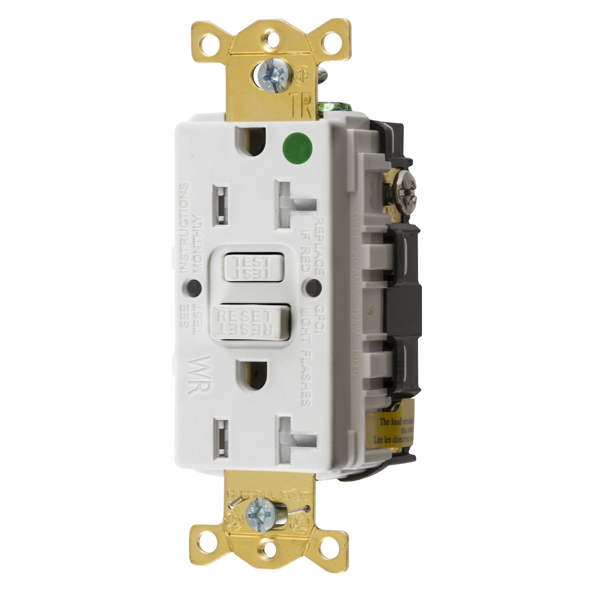 Straight Blade Devices, Receptacle, GFCI, Tamper and Weather Resistant, Commercial Hospital Grade, Self Test, 20A 125V, 2-Pole 3-Wire Grounding, 5-20R, White