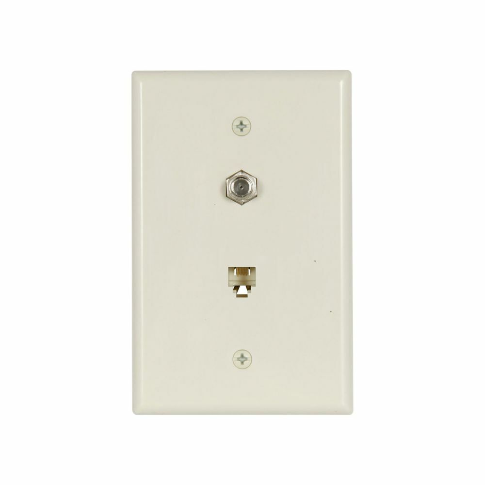 Telephone Jack and Coaxial Adapter Wallplate, Light almond, Thermoplastic, Surface, Mid-size, 4-conductor jack and coax adapter, Type F, RJ11, RJ14, Combination