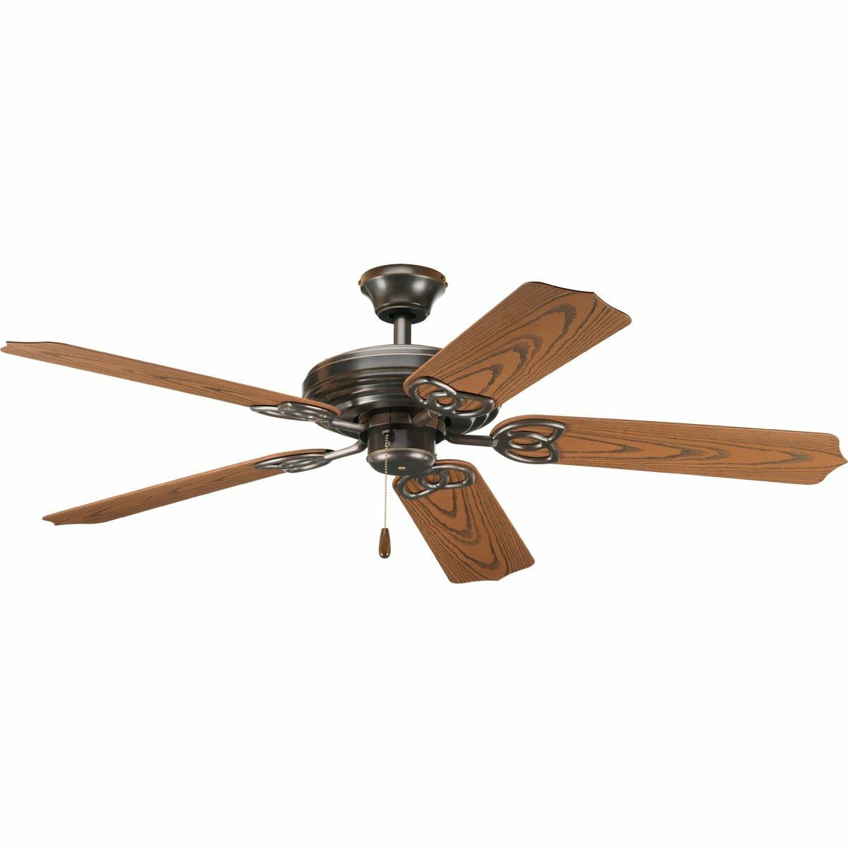 52 in indoor/outdoor patio fan from AirPro. This fan includes 5 Oak blades with ABS all-weather material, Antique Bronze finish, and 15 year limited warranty. Powerful AirPro motor features 3-speed control that can also be reversed to provide year-round comfort. Quick install canopy securely holds fan for wiring during installation. Can be used to comply with California Title 20.
