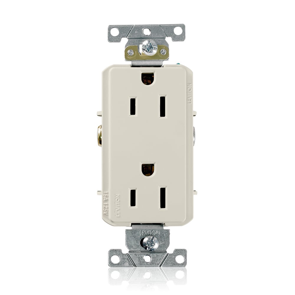 15 Amp, 125 Volt, Decora Plus Duplex Receptacle, Straight Blade, Commercial Grade, Self Grounding, Light Almond