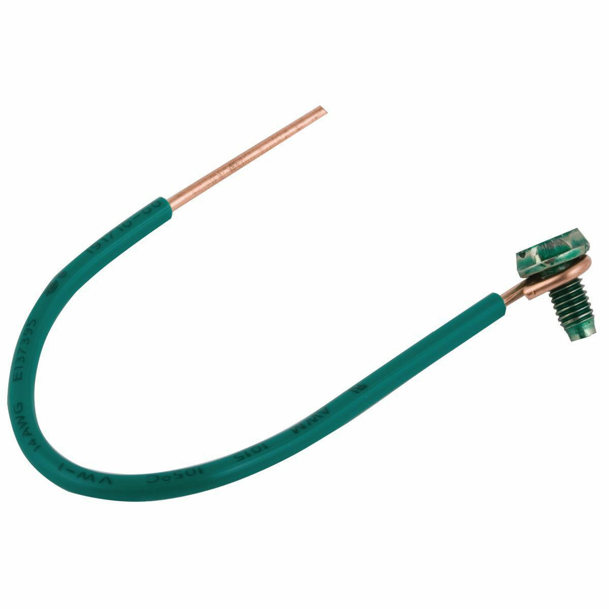Grounding Pigtails, #14 6in Solid insulated copper wire, captive 4-waycombohead green dye finish ground screw one end (25 pc. Bundles)