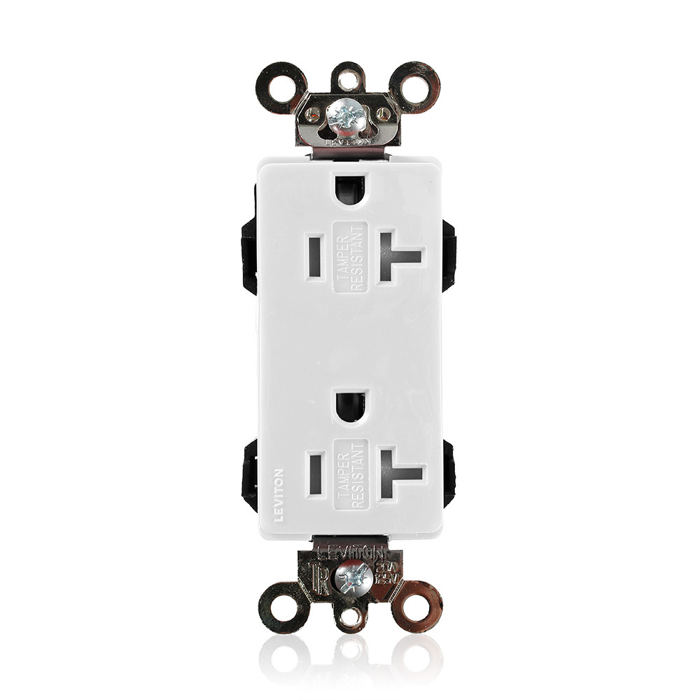 20 Amp 125 Volt. NEMA 5-20R. 2P/3W. Lev-Lok Duplex Receptacle. Decora Plus. Tamper-Resistant. Straight Blade. Commercial Grade. Self-Grounding. Modular Terminals. Steel Strap - White