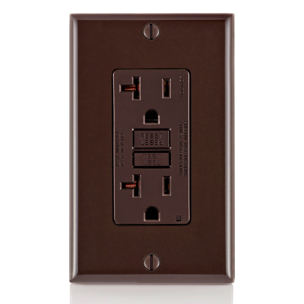 Self-Test Slim Tamper Resistant GFCI Receptacle. Nema 5-20R 20A-125V At Receptacle, 20A-125V Feed-through. Lighted - Brown With Brown Test And Reset Button.