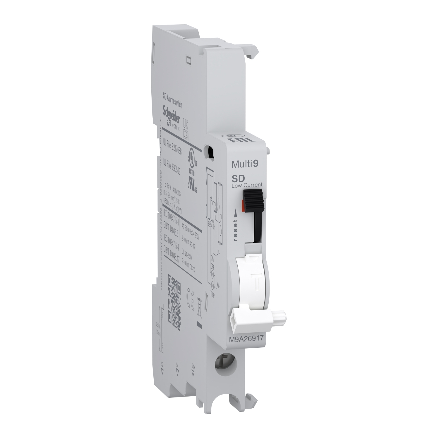 Auxiliary contact, Multi9 M9A, SD, 1 C/O, 2mA to 100mA, 24VAC to 250VAC, 24VDC to 220VDC, bottom connection