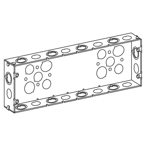 Switch Box, Multigang, 1-7/8" deep with Knockouts, welded, six gang, Dimension: 14-1/8" x 4-9/16", Volume: 111.1 Cubic Inch, Sides Knockout: 8@1/2", 8@ Eccentric, 6@1/2", 4@3/4", UL Standard: 514A, UL Listed: E2527, NEMA: OS-1