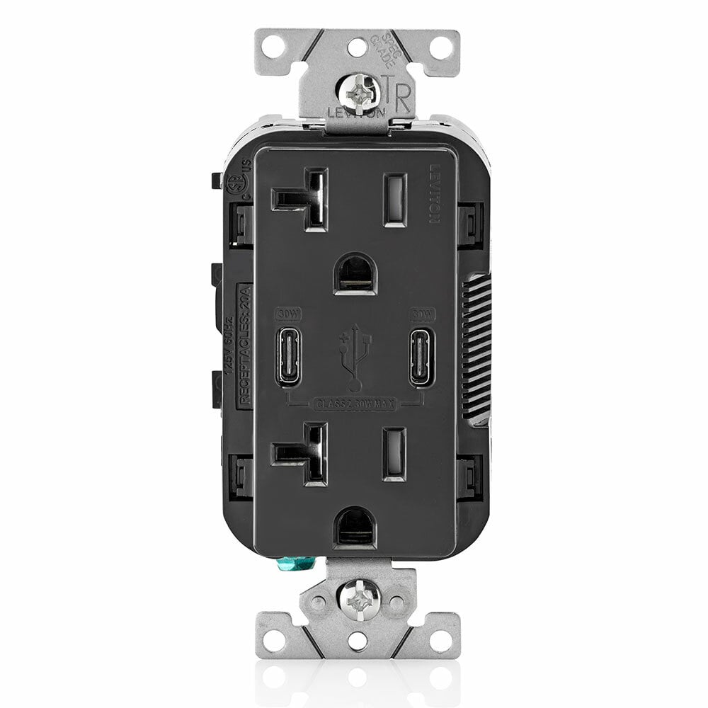 20 Amp, 125 Volt, Decora Tamper-Resistant Outlet. NEMA 5-20R, 30W (6 Amps), Dual Type-C/C Power Delivery USB Chargers, Grounding, Side Wired  - Back Wired - Black