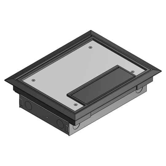 Four Compartment Raised Access Floor Module, 172 Cubic Inches, Length 10 Inches, Width 7-15/16 Inches, Depth 2-1/2 Inches, Galvanized Steel with Black Cover, Comes with Left and Rigth Power Panels and Wiring Tunnel
