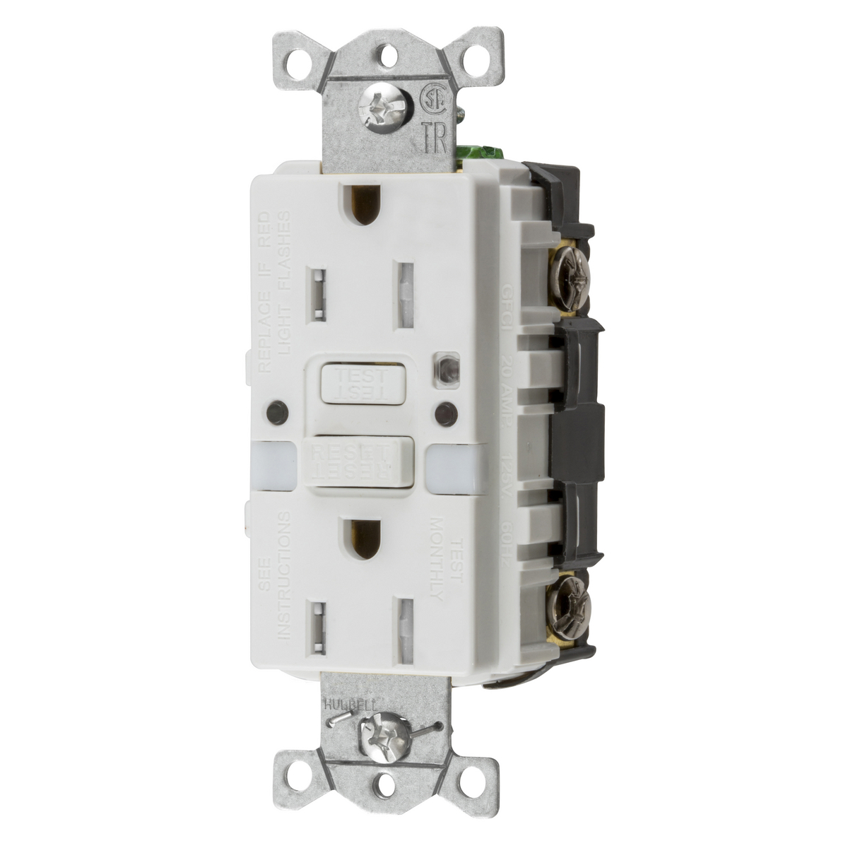 Power Protection Products, Receptacles, GFCI, Commercial Grade, Self Test, 15A 125V, 2-Pole 3-Wire Grounding, 5- 15R, With Nightlight, White