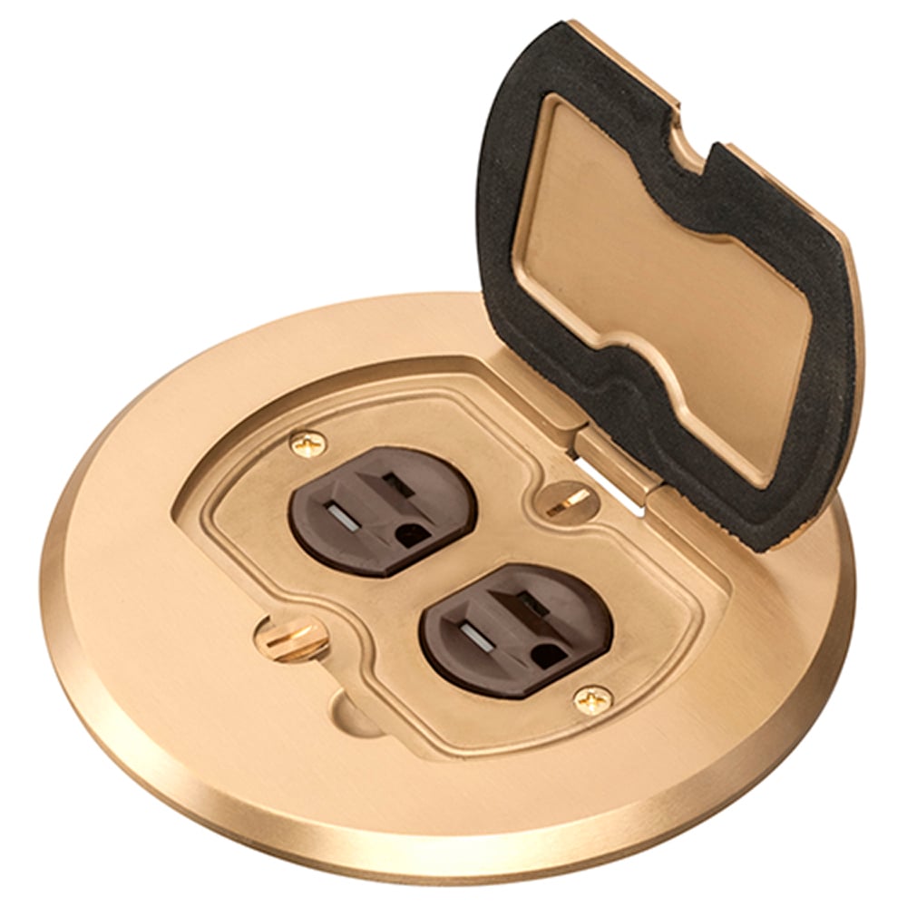 Round Cover Metallic adjustable floor box. Brass with flip lids. Includes tamper resistant duplex receptacle, cover plate with gasket and Arlington NM94 connector and Arlington NM900 knockout plug.