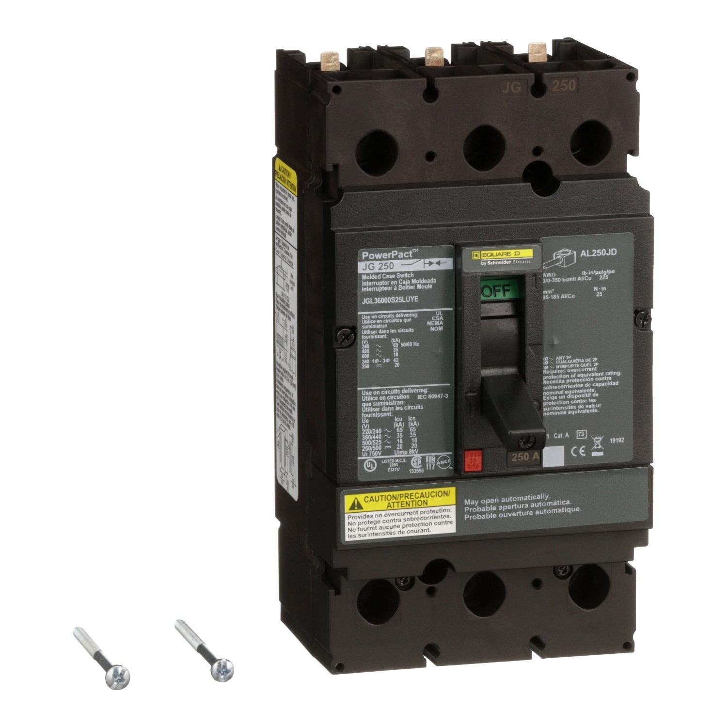 Automatic switch, PowerPacT J, 250A, 3 pole, 600VAC, 18kA, lugs, magnetic, control wire ON end, handle ext